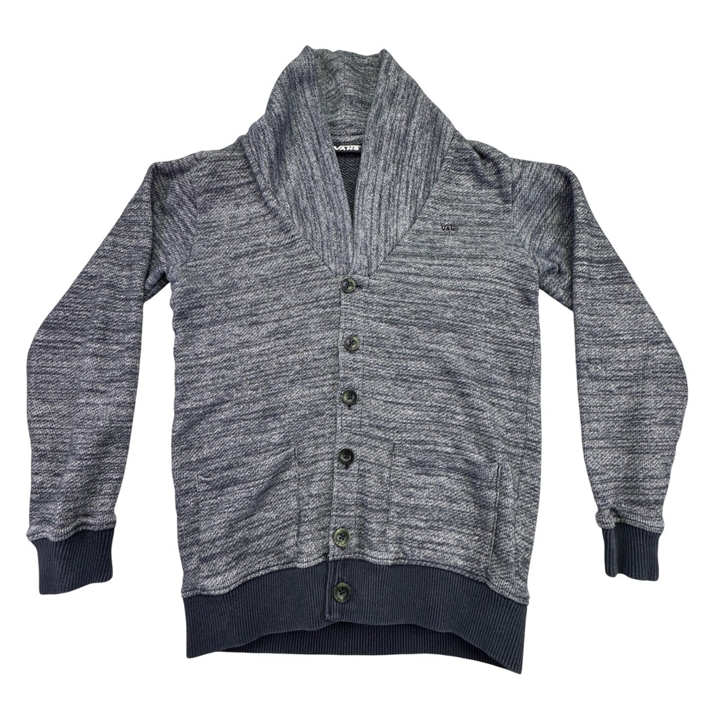 Vans Sweater Men's Small Button Up Cardigan Shawl Gray Heathered Knit Collar‎